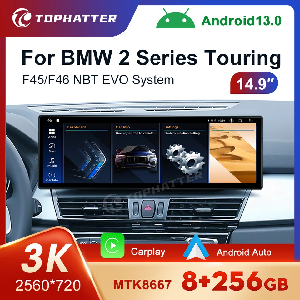 14,9 -palcový automobilový rádio pre BMW 2 Series Touring F46 NBT EVO CARPLAY Android 13 Automatické multimediálne prehrávač obrazovky 668S HEAD UNIT ID8 DSP