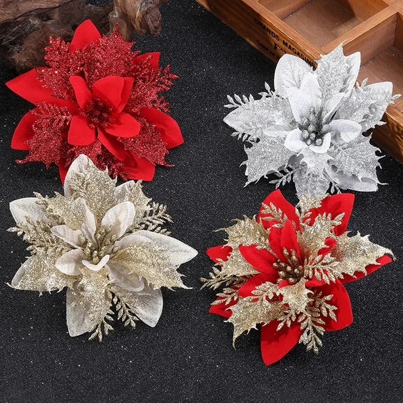 14 cm Glitter Artificial vianočné kvety Vianoce stromové ozdoby Veselé vianočné dekorácie pre domáci nový rok darček