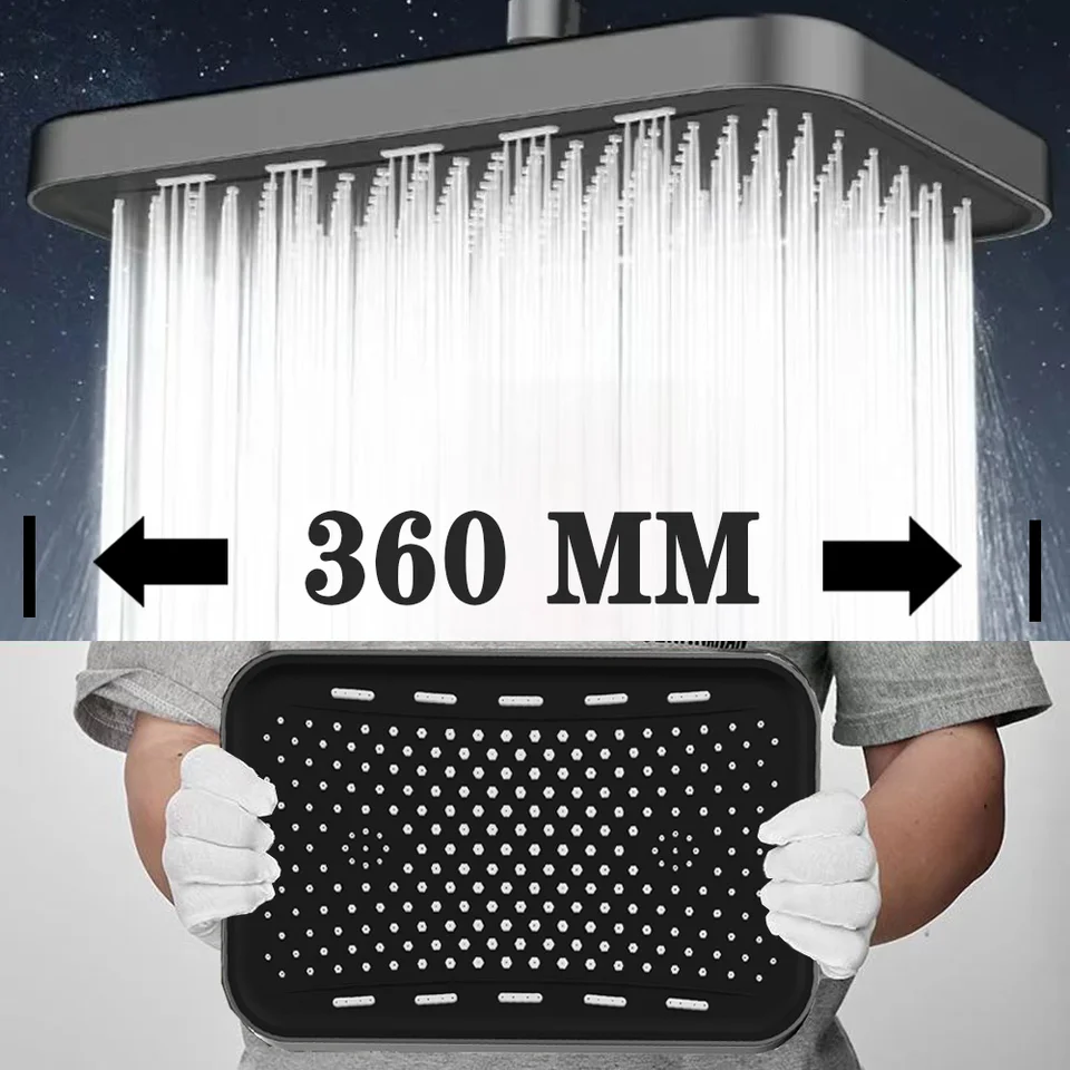 14 -palcový veľký panel Veľký prietok Supercharge strop namontovaný sprchovacia sada 3 režimy Vysokotlakový zrážkový sprchový kohútik