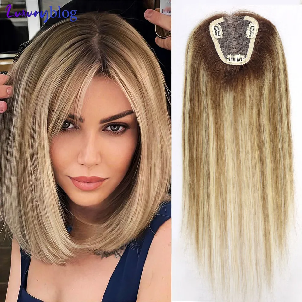 14 -palcový zvýraznený blond ľudské vlasy pre ženy Dark Roots Rovný klip v príčinách Švajčiarska čipka Remy Remy Hair Extensions