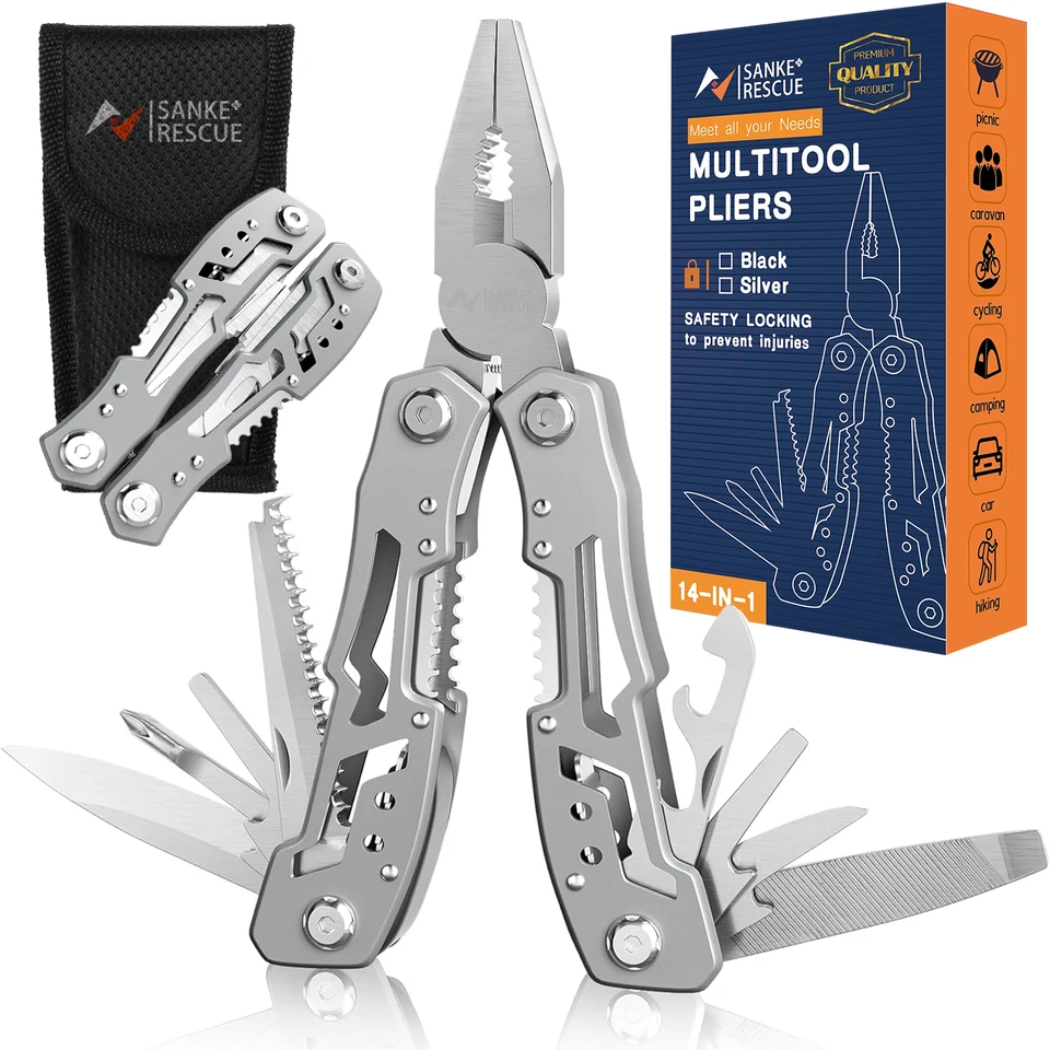 14-v-1 Multitool Klieštia Prenosné prenosné bezpečnostné uzamykacie vreckové nôž sa vzťahujú na darčeky prežitia kempingu pre otca manžela priateľa