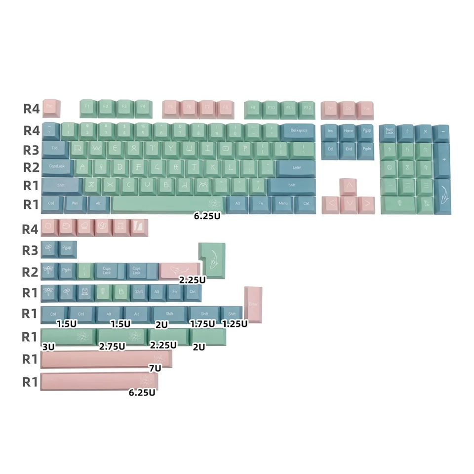142 Klávesy Originálny dizajn Lotus Keycap Vlastný čerešňový profil farbiva Sub ISO Enter pre GH60 GK61 GK64 68 75 84 87 96 980 104 108
