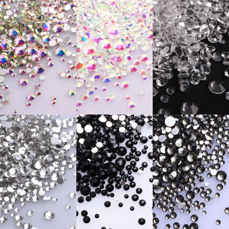 1440ks Mix Size Glass Flatback Shinestone Glitter Round Crystal AB Stones Čierne lepidlo na kamienok pre DIY DEY ART DECORÁCIE