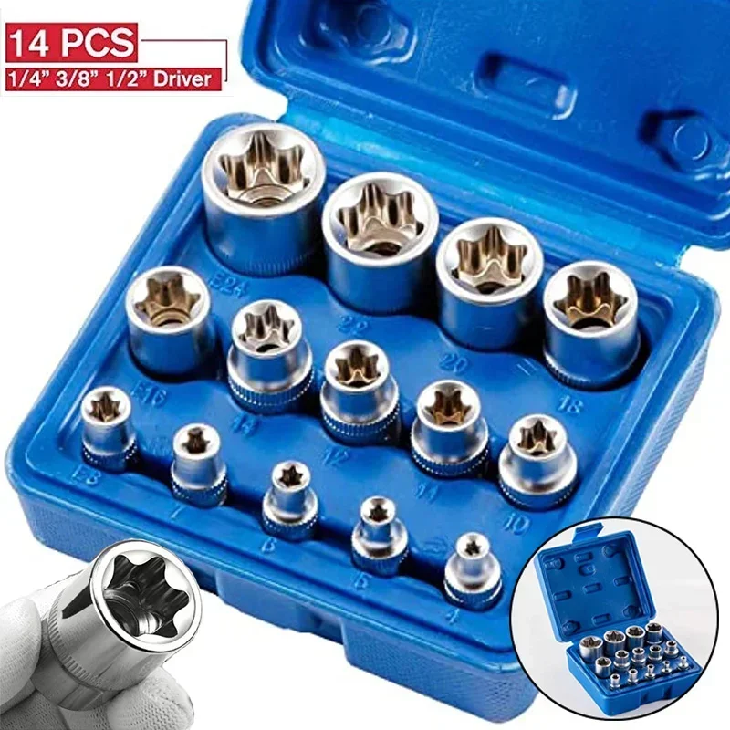 14ks ženská e-hviezda Torx Socket Set E4-E24 E-Torx Externá šesťhranná zásuvka Vložka Nut Automatické opravy nástroje Kľúč