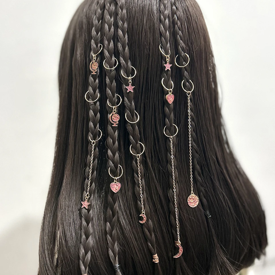 14pc roztomilý karikatúra prívesok na vlasy Braid Ring Ring Hviezda Moon Srdce Tvar Braid Hair Ring For Girls Party Owear Harac
