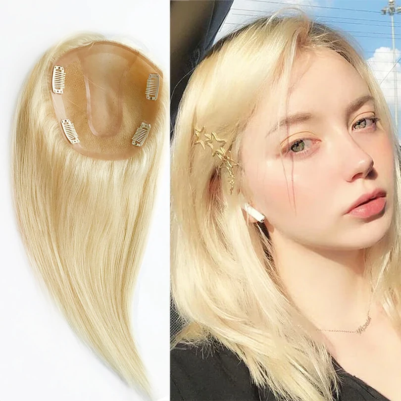 14x16cm Blonde farba Ženy Tooper Silk Base Stredná čipka okolo Vigrin Human Hair Toppers s svorkami prírodná hlava na hlave