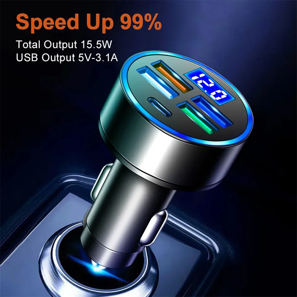 15,5W 4USB nabíjačka automobilu typu C Digitálny displej automobilu nabíjačku 5V 3.1a s detekciou napätia viacerých portov automobilového napájacieho adaptéra