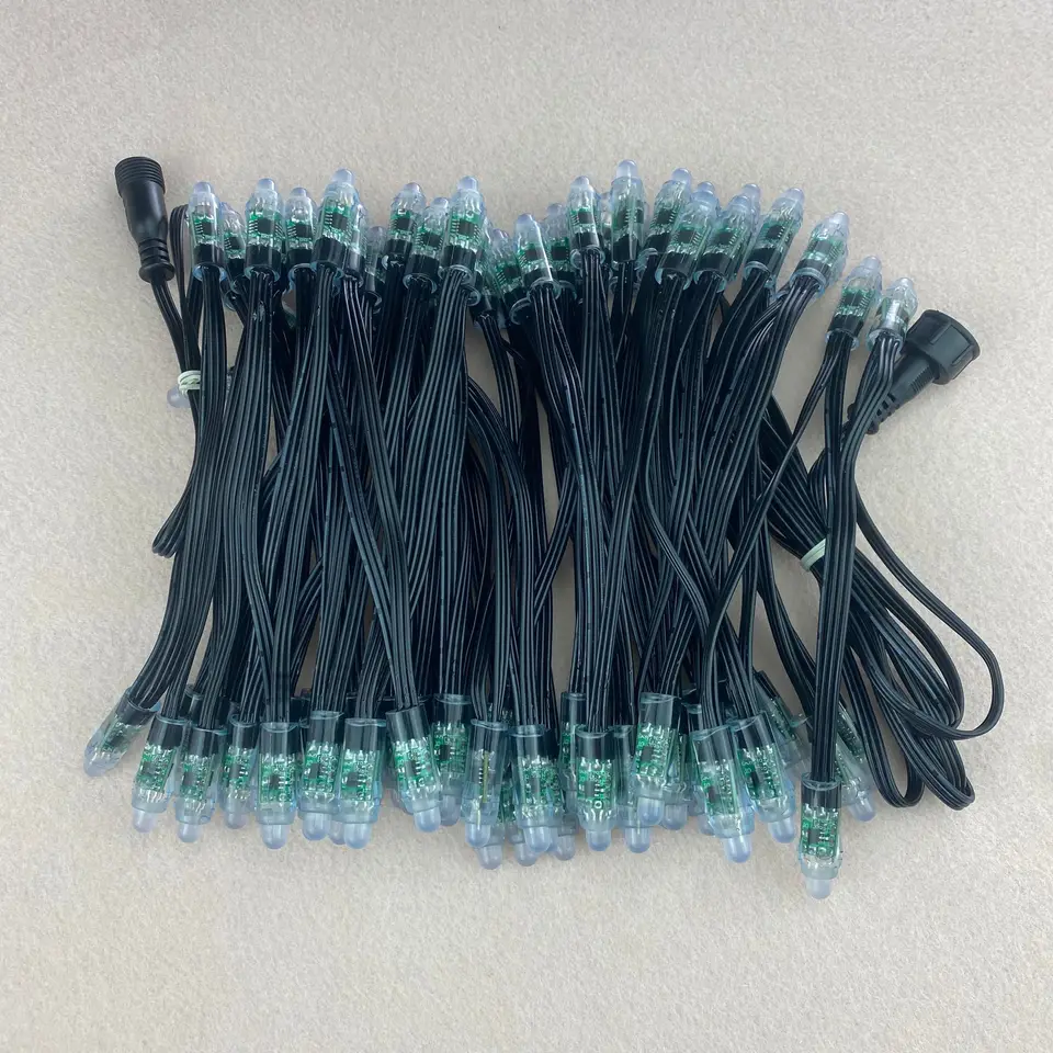 15 cm (6 palcov) Rozstup 100nodes guľka regulovaná DC12V adresovateľné 12 mm WS2811 LED PIXEL STRIND; All BLACK 18AWG WIRE, IP68