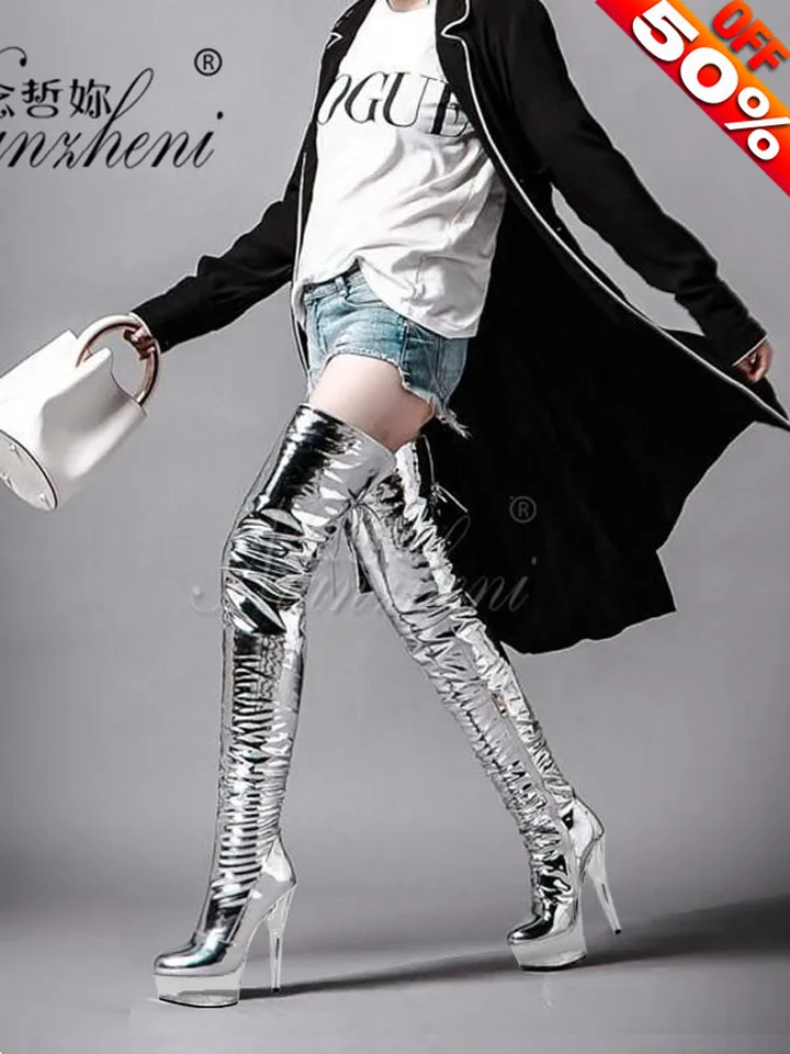 15 cm Super Stiletto podpätky strieborná kryštálová platforma malá veľkosť nad kolennými topánkami klubový striptérka Queen 6 palcov módne zrelé