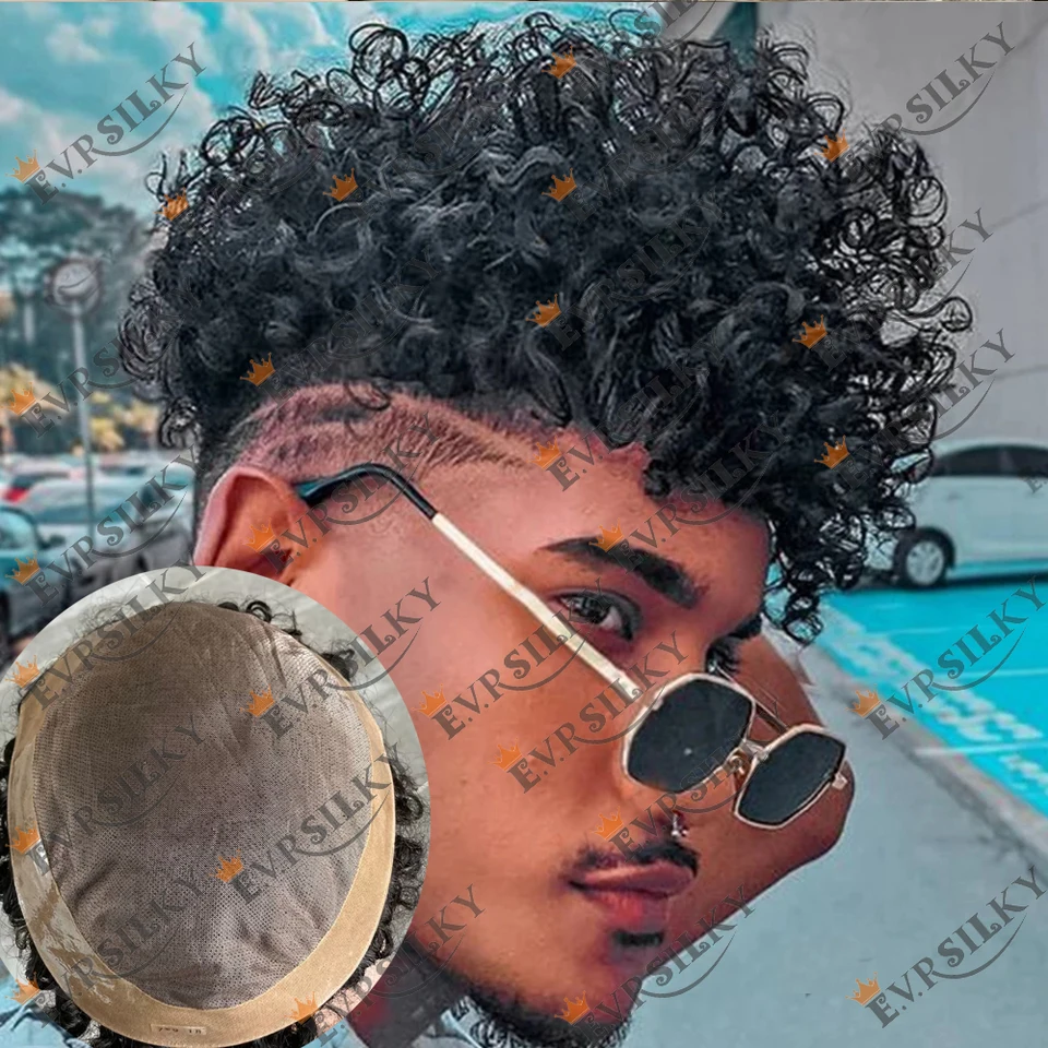 15 mm 20 mm afro kučeravé 10 mm hlboké 360 vlny Prírodná vlasová línia Super odolný mužský muž Toupee Mono & NPU Base Base Priedušné pre ľudské vlasy protézy