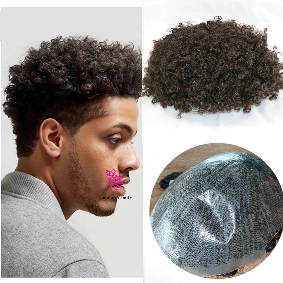 15 mm afro kučeravé super trvanlivé tenké pokožky plné Pu čierne/hnedé 100% ľudské vlasy pánske mužské mikroskinové protézové systémy príčesky