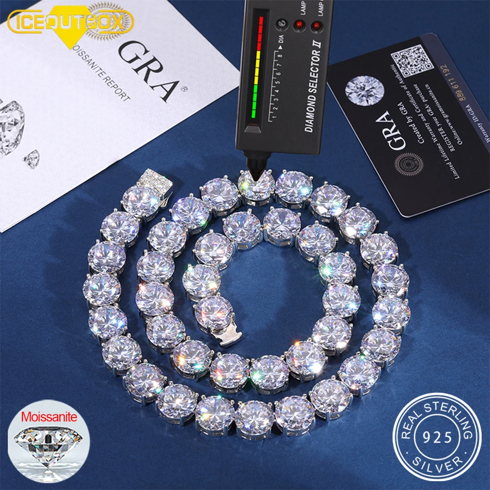 15 mm luxusný D VVS Moissanit Tennis Men Men Iced Out Hip Hop Rapper náhrdelník pre ženy nádherné s certifikačnými šperkami Gra
