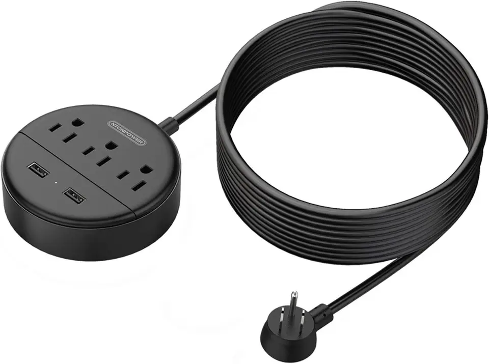 15 stôp dlhá predlžovacia šnúra s 3-výstupom 2-USB Wall Moner Strip, uvedeným uvedený