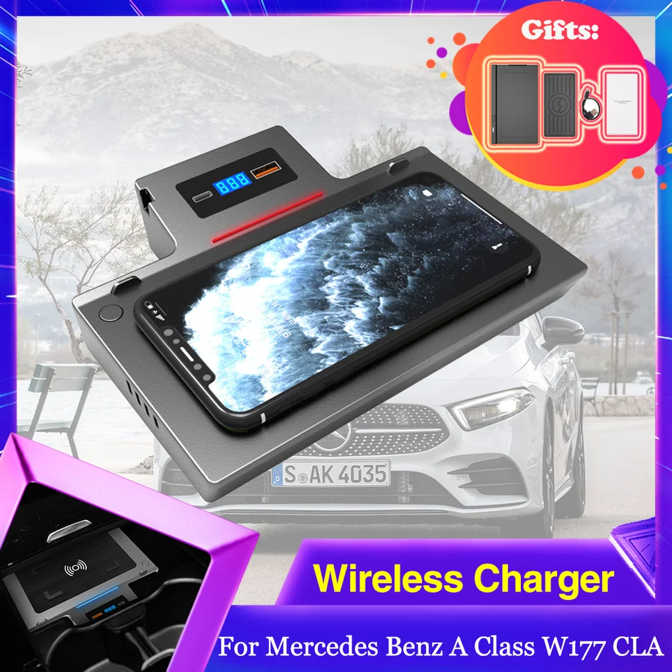 15 W bezdrôtové nabíjacie podložky pre Mercedes Benz A Class W177 CLA C118 GLA H247 GLB X247 AMG 2019 ~ 2022 Telefón Rýchla nabíjačka