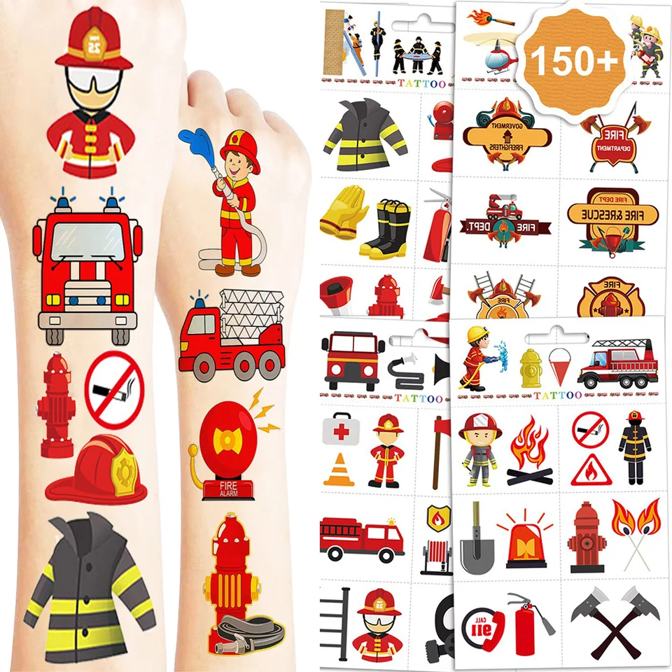 150 Fire Tattoo Set 10 listov hasičov Sam Narodeniny Decorácie vodotesné dočasné tetovanie hasičov témy Dodávky večierkov