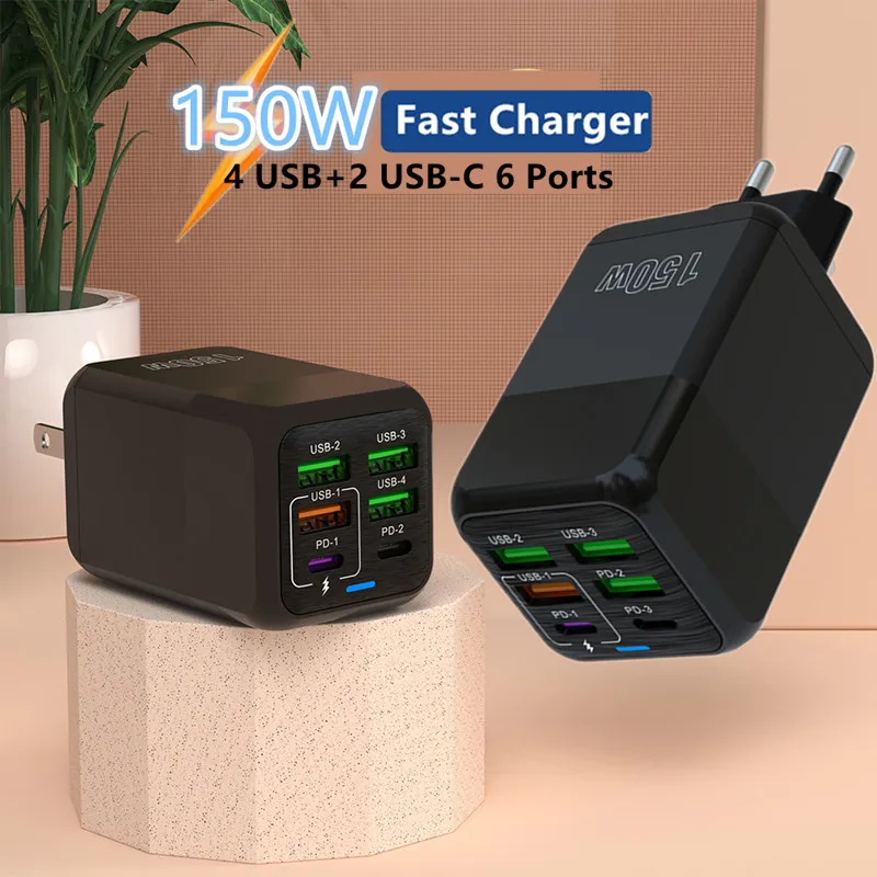 150 W 6 portov PD QC 3.0 USB C C Rýchle nabíjačku Super rýchle nabíjanie pre iPhone Samsung iPad Xiaomi Huawei OnePlus Oppo