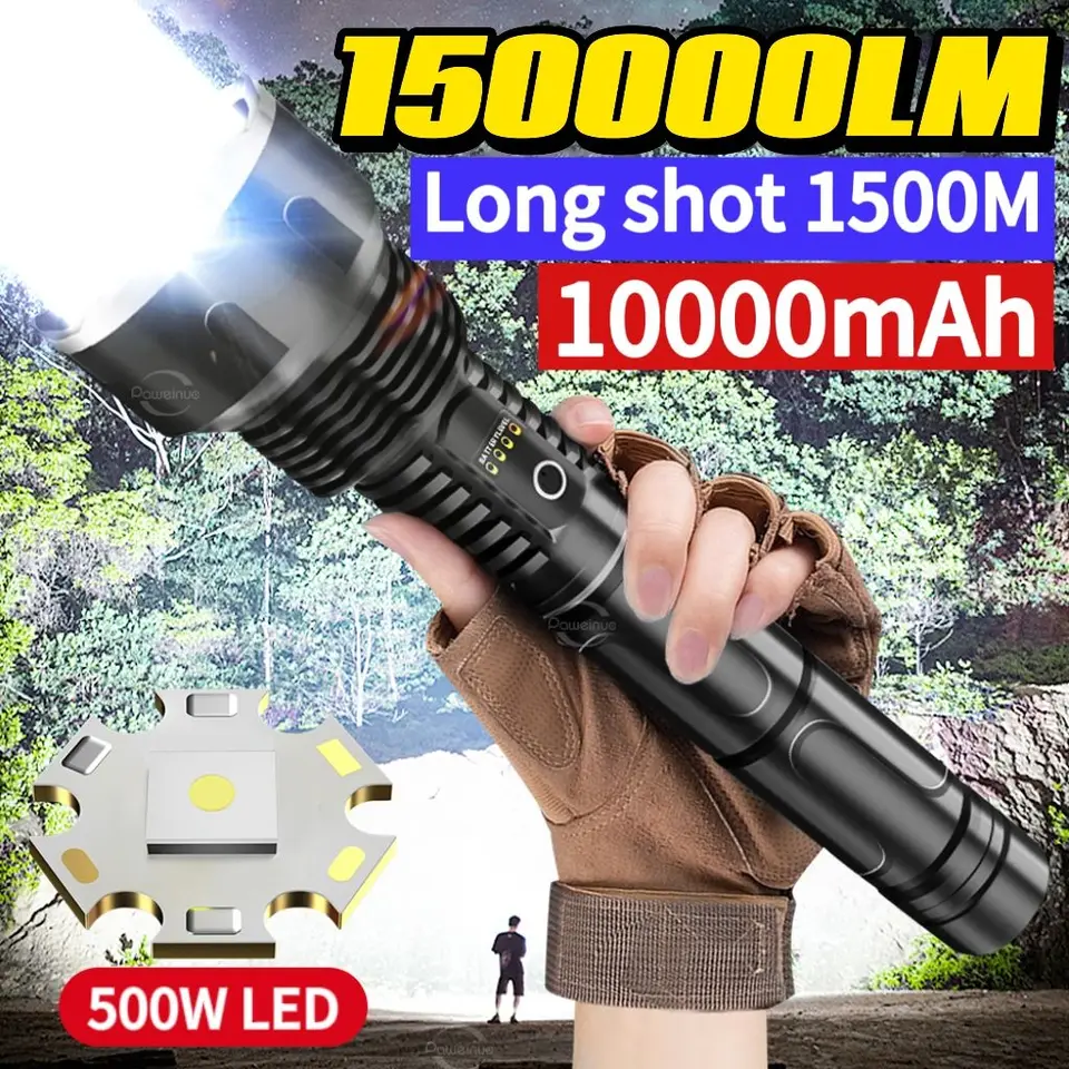 150000lm dlhý vysokovýkonný LED baterka 10000 mahusb Nabíjateľná baterka vonkajšia kempingová taktická baterka Rybárska lucerna