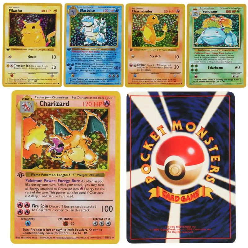 151ks/box Pokemon Flash Cards Limited Edition Charizard Blastoise Venusaur Pikachu 1996 Zbierka prvej generácie Zbierky prvej generácie
