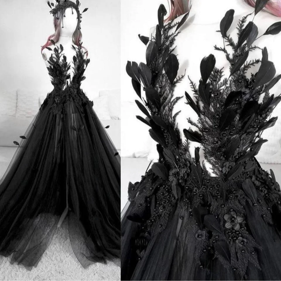 15789# Gothic Black High Slit Feathers Beading Aplikácie Tylové svadobné šaty nevesta pre ženy prispôsobené Vestido de Novia