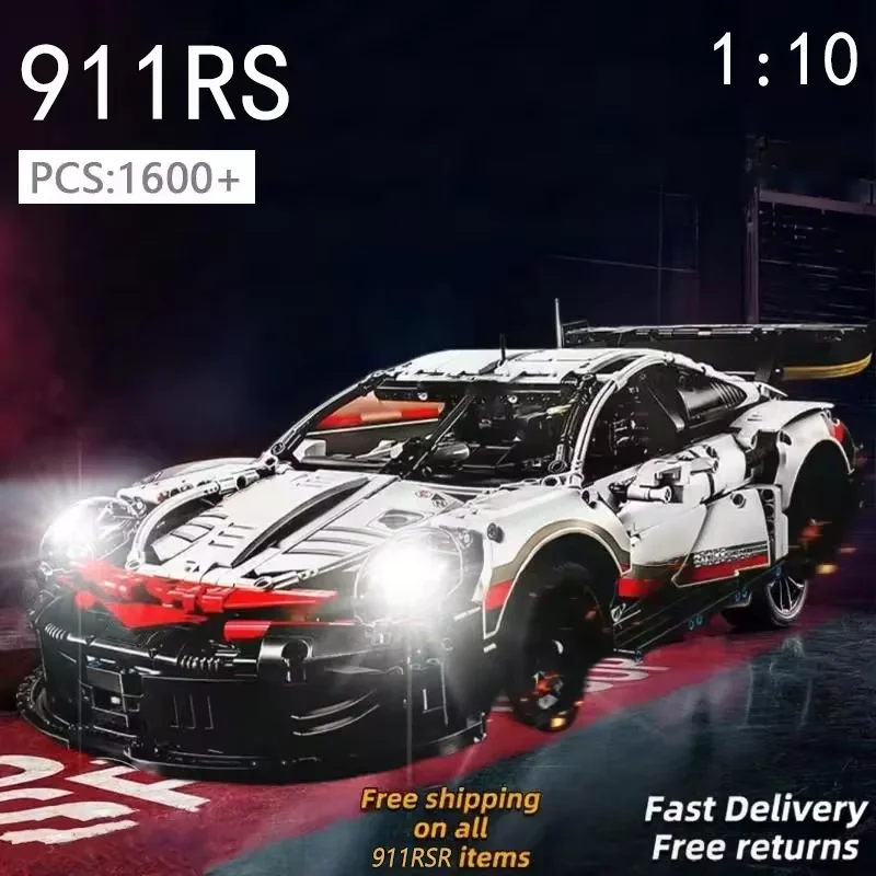 1580ks kompatibilné s 911RSR 1: 8 Zostavené stavebné bloky elektrického športového vozidla Model diaľkových ovládacích svetiel