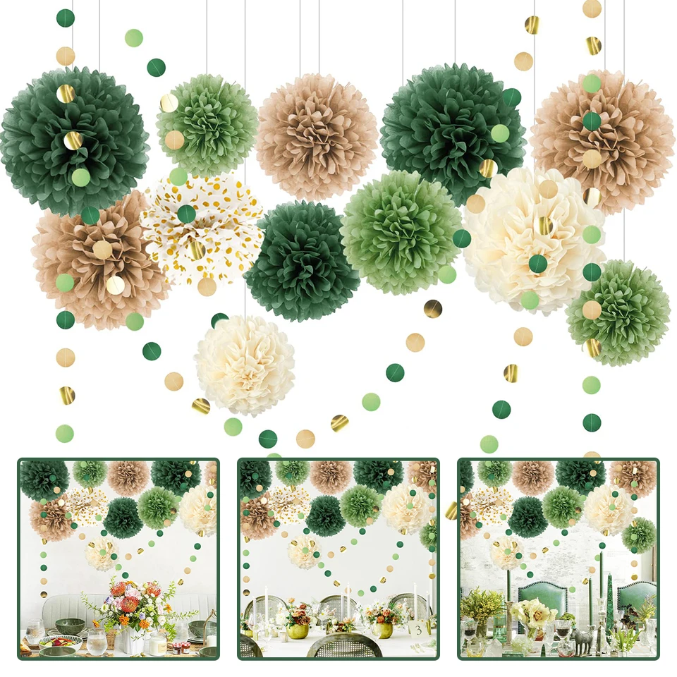 15ks papierové kvetinové gule Round Set Green Flower Balls Round Paper String Narodeniny svadobná hostina dekorácie pozadie
