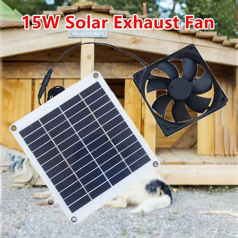 15W 12V Solárny panel ventilátor Vonkajší solárny výfukový ventilátor Vzduchový výťažok Pet psov dom vzduchový tok solárne ventilátor pre domácu kanceláriu skleník