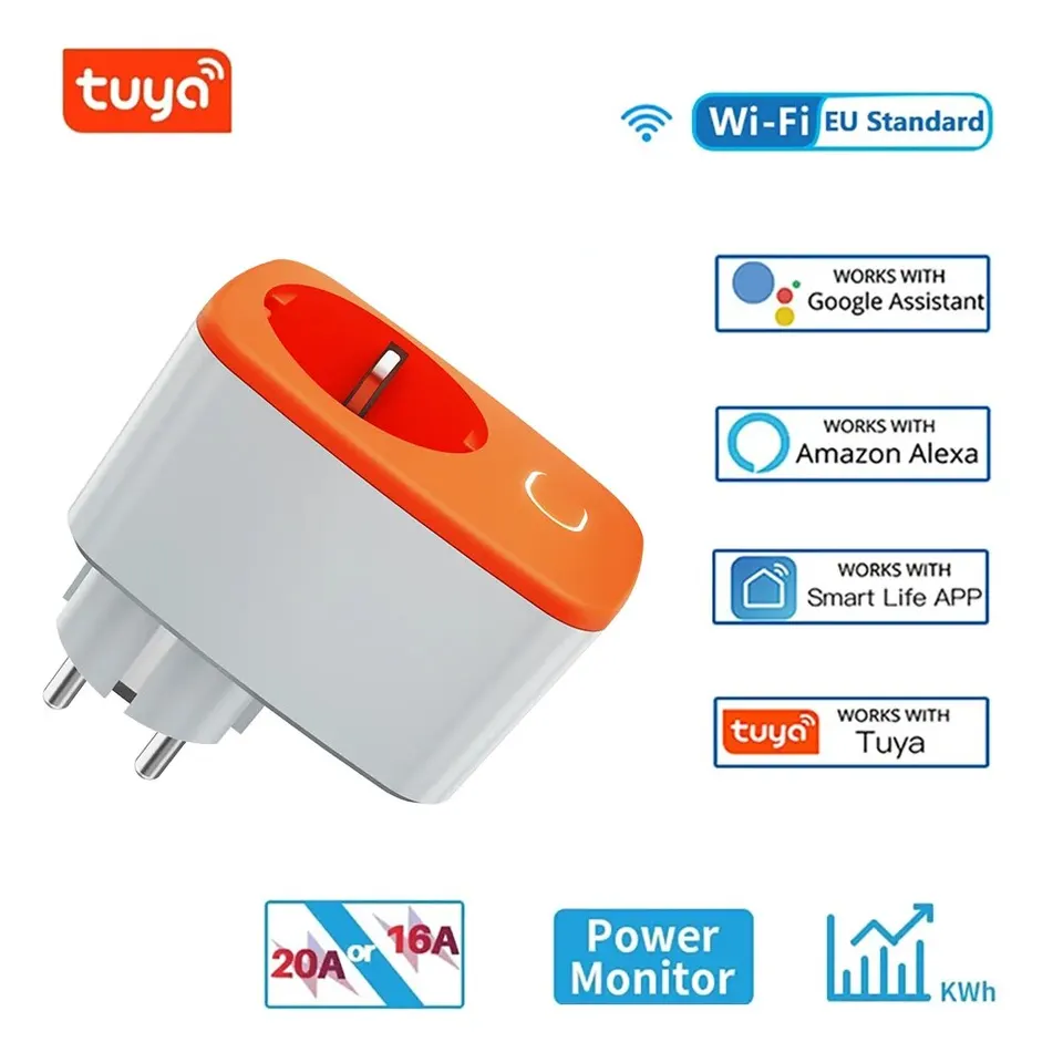 16/20A Smart Socket Eu Wifi Tuya Plug Smart Home Voice Timer Power Monitor Outlet pre aplikáciu Smart Life App Alexa Google Home Black