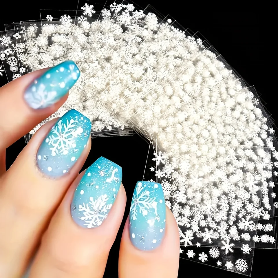 16/24/30 Listy biele Snowflake na nechty na nechty Art 3D vianočné nálepky na nechty Snowman Elk Snow Snowflake Zimné nechty dekorácie