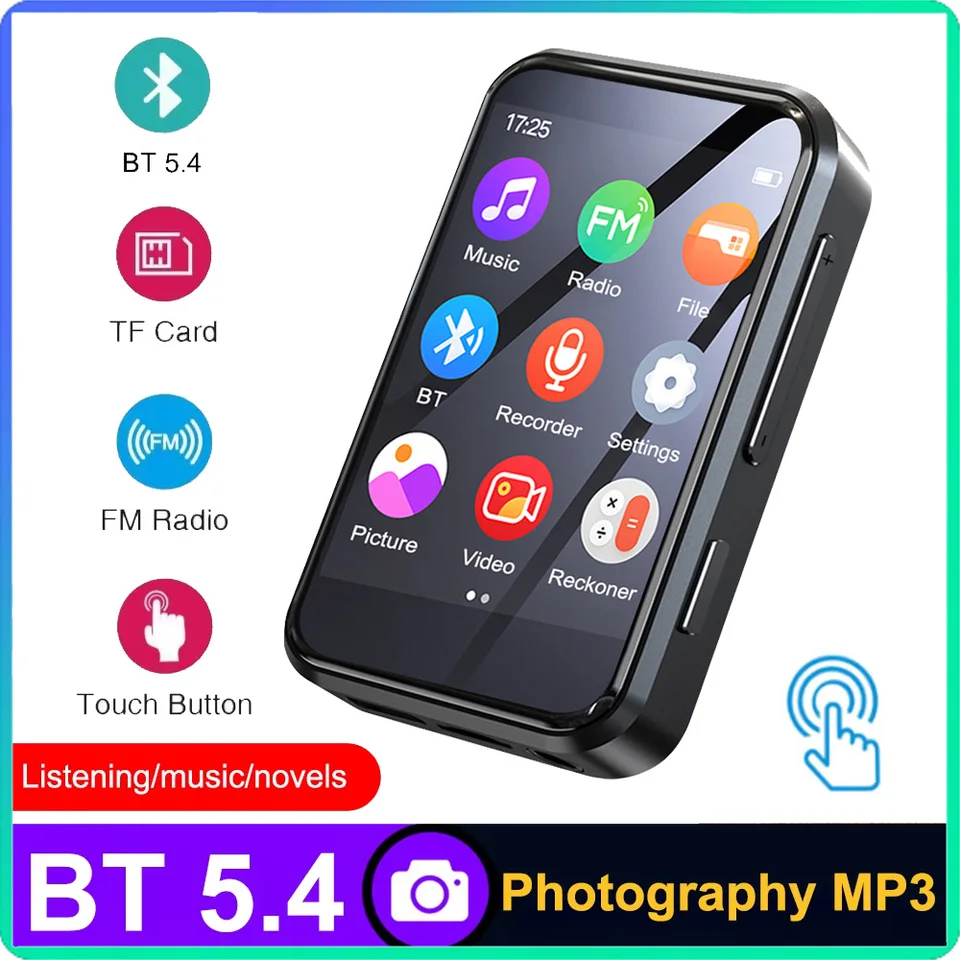 16-64 GB MP3 Hudobný prehrávač s Bluetooth 5.4 HIFI MP3 Hudobný prehrávač 2.4''Touch obrazovky MP4 vstavaný reproduktorový rekordér KamerA Video FM