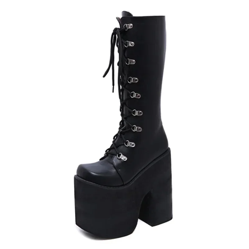 16 cm dlhé topánky Ženy Nové rockové topánky Čierne koleno High Boots Punk Goth Chunky Platform Boots Fall Wedge High podpätky Bota Plataforma