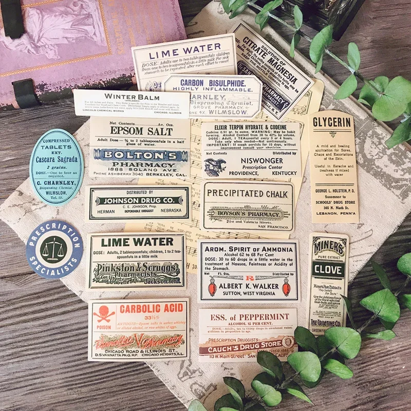 16 ks Tim Holtz Style Old Brand Junk Journal Ephemera Vintage Sticker Retro Label Album Aestetický nálepka Scrapbooking Material