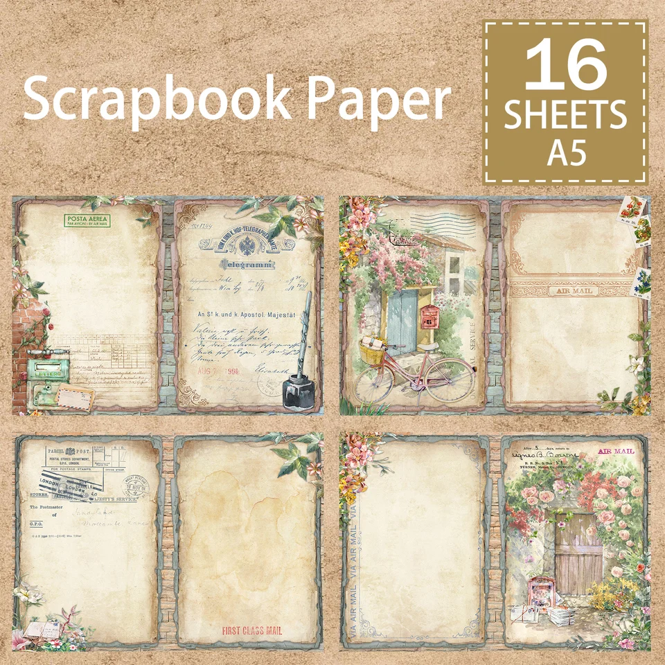 16 listov A5 Veľkosť Vintage záhradné bicykle kvety pozadie Vintage grunge časopis Plánovanie scrapbooking