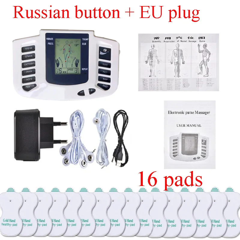 16 podložiek JR309 EMS TENS Masážna jednotka Angličtina alebo ruský elektrický pulz akupunktúra celo tela relax svalovej terapie Massager stimul