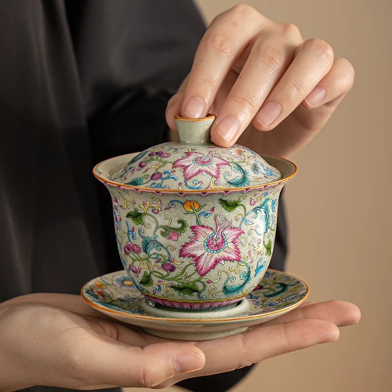 160 ml Ru Kiln Vintage Pottery Clay Campsis Grandiflora Kvet Qingfeng Sancai zakrytá misa Gai Wan High-End Kungfu Tea Set