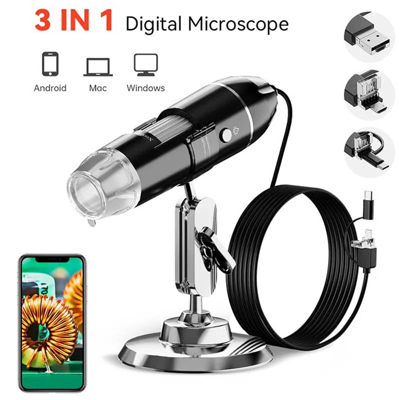 1600x 3in 1 Digitálny mikroskopový fotoaparát s prenosným elektronickým mikroskopom pre Stánok pre Spájkovanie LED LED LIGSB TYP-C USB Android