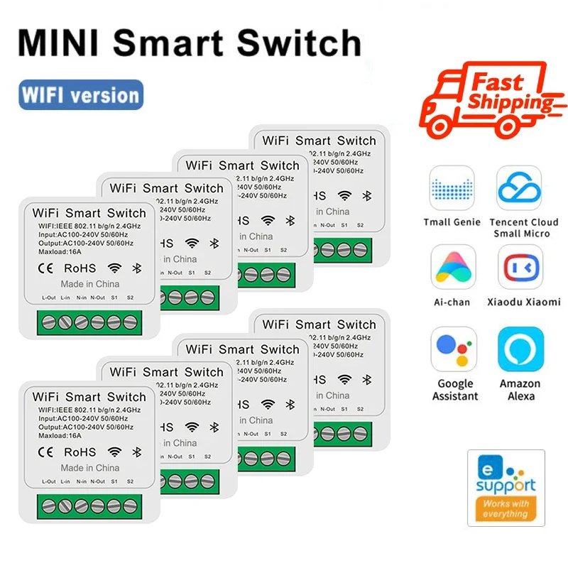16A WiFi Mini Smart Switch Support 2way Control Breaker Breaker Wireless Switches hlasové moduly Aplikácia Ovládanie Alexa Google
