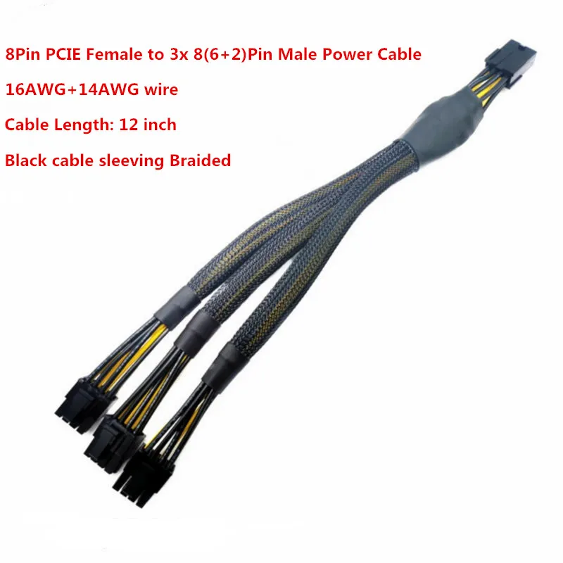 16awg GPU PCIe 8pin Žena do 3*8pin 6+2 PCI-E Mužský splitter Grafická grafická karta napájací adaptér kábel rukáv