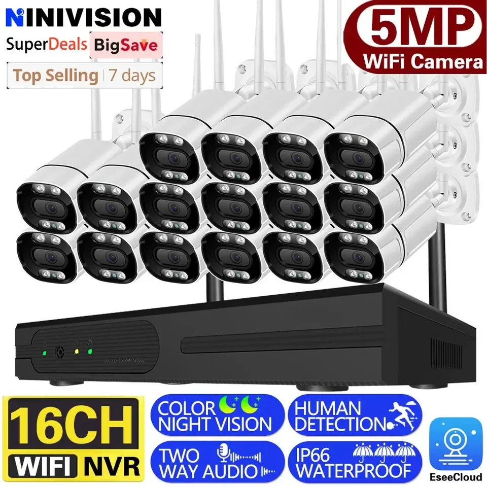 16ch 5MP Wireless Video Sledovanie bezpečnostného kamery Systém 10ch P2P NVR obojsmerne zvuková farebná nočná vízia WiFi IP Bullet Bullet