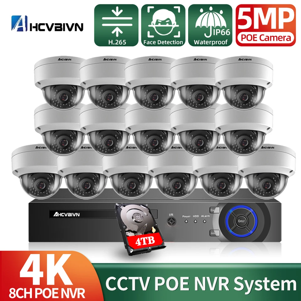 16ch HD 5MP Poe Dome Security Camera Kit 4K 16ch Poe NVR Kit Indoor Witerproof NVR IP Camera CCTV Dozorný systém H.265 P2P