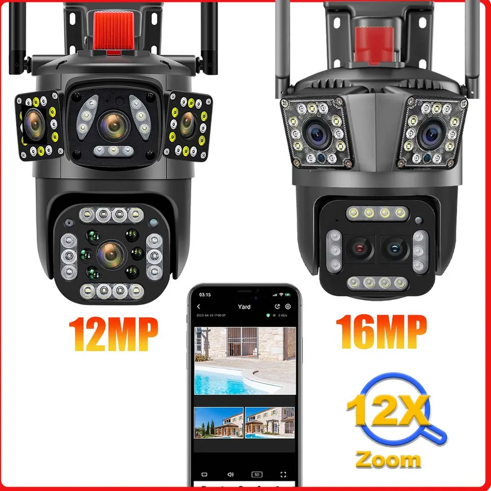 16MP 8K WiFi Camera Outdoor 12x Zoom 360 ° Dohľad Tri obrazovka CCTV bezpečnostná ochrana 6K 12MP Video Street Camera