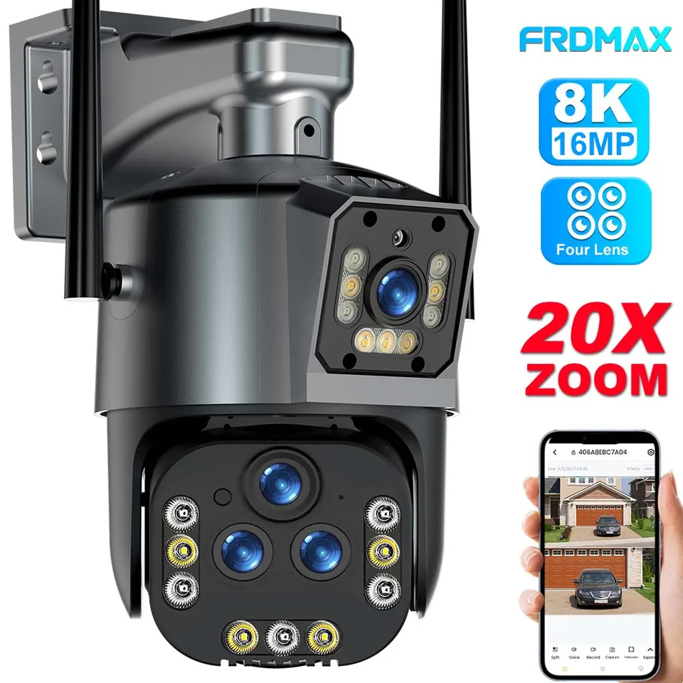16MP 8K WiFi IP fotoaparát 20x Zoom Štyri objektív Outdoor bezdrôtová bezpečnostná kamera 4K PTZ CAM SMART HOME CCTV WIFI Sledovacie kamery