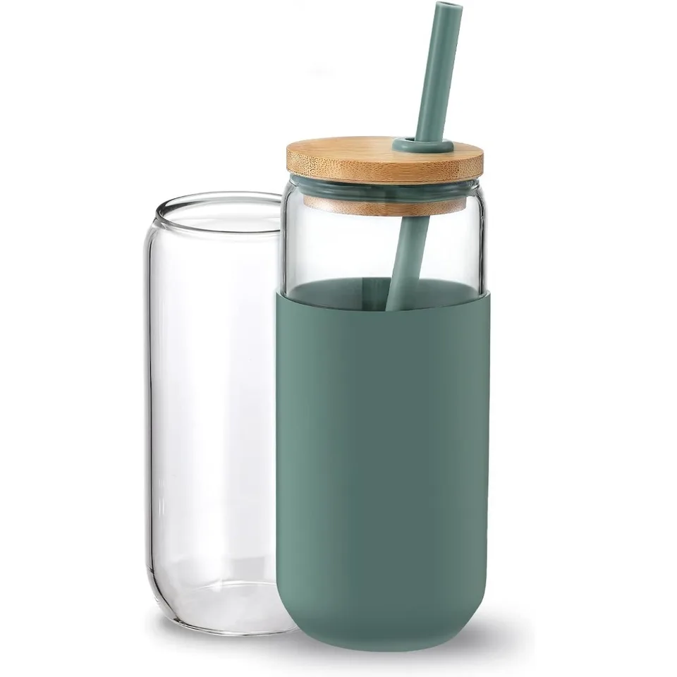 16oz pivo môže v tvare pohárika s slameným a bambusovým vekom a ochranným rukávom - pre ľadové nápoje, smoothies a darčeky