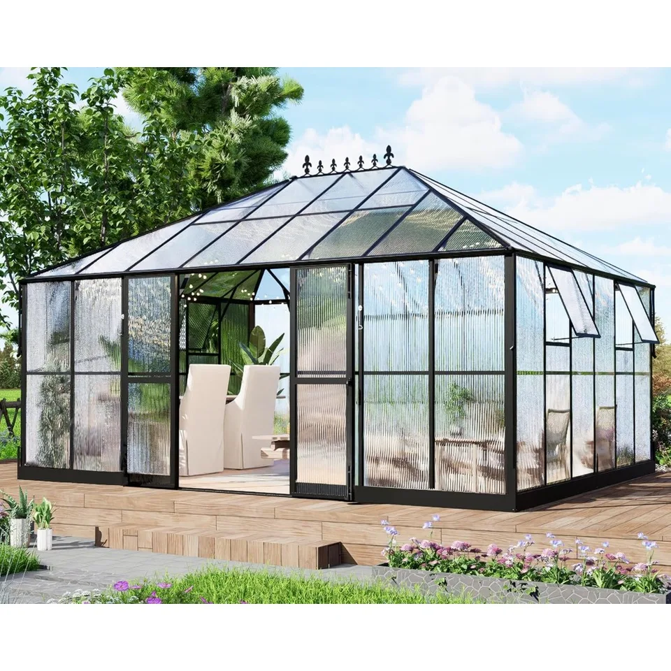 16x12x9.5 ft pavilón v štýle skleníku 4 Venné okná Polykarbonát skleník skleník Greenhouse Skleníky pre vonku, Sunroom