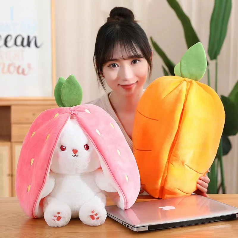 18/25 cm kawaii ovocie transfigované hračky Bunny Hračky Krásne dlhé uši mrkvové jahody sa premieňajú na hračku s chrámom plnenou bábikou pre deti darček pre deti