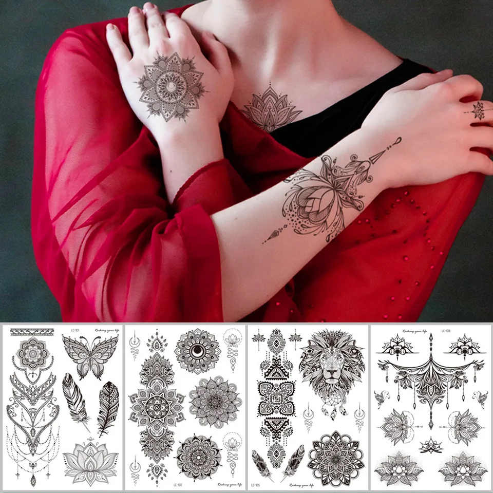 18 druhov Ženy Dočasné tetovanie čierne kvety mandaly tetovania nálepka tela