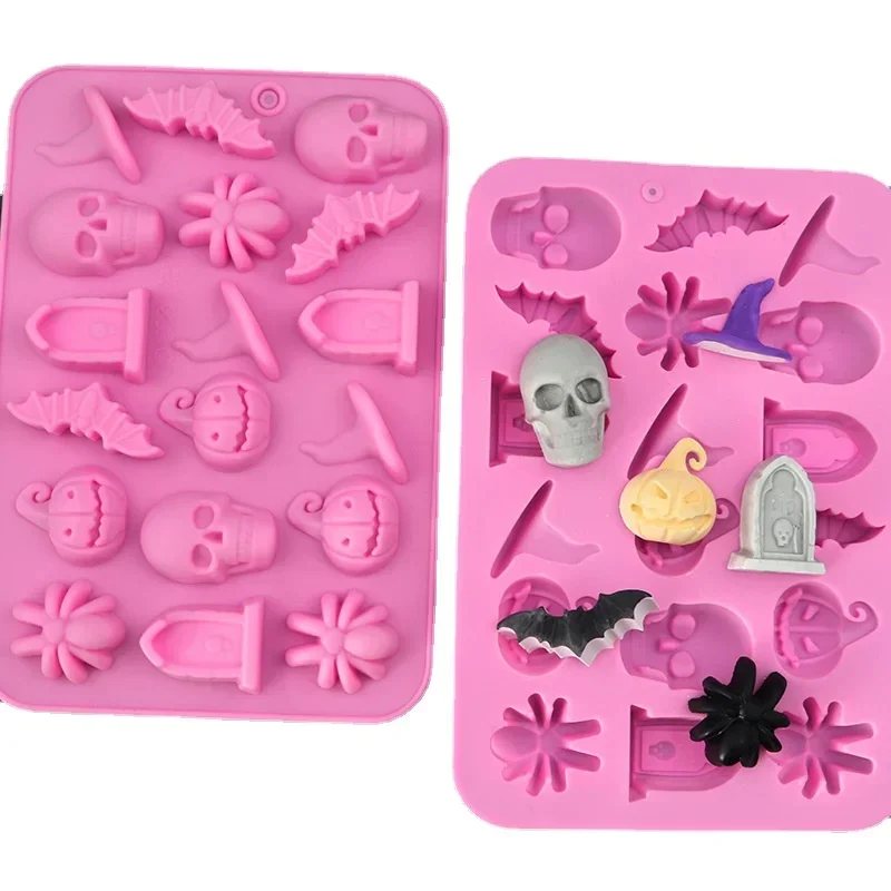 18 dutín Halloween Stracid Silikone Mold Hat lebka hrobka Bat Pumpkin pavúk čokoládová gumová forma torta dekorácia na pečenie