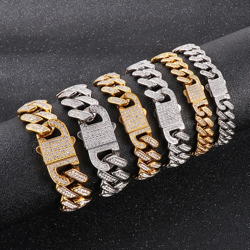18 mm punk zlatá farba obrubník kubánskeho náramku náhrdelník Men Dámsky hiphop hornina z nehrdzavejúcej ocele Diamon zirkón Biker Bike Bangle Bangle šperky