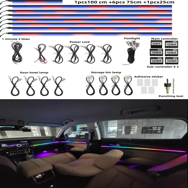18 v 1 plné farebné streamerové autokonálne svetlá RGB 64 Color Univerzálny LED interiér skrytý akrylový pásový symfónia atmosféra žiarovka