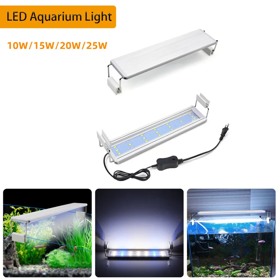 18 ~ 58 cm Super jasná lampa LED akváriové svetlo pre vodnú rastlinnú rytnú nádrž na rozšíriteľnú klipovú lampu 220V EU Hliníková lišta trubice