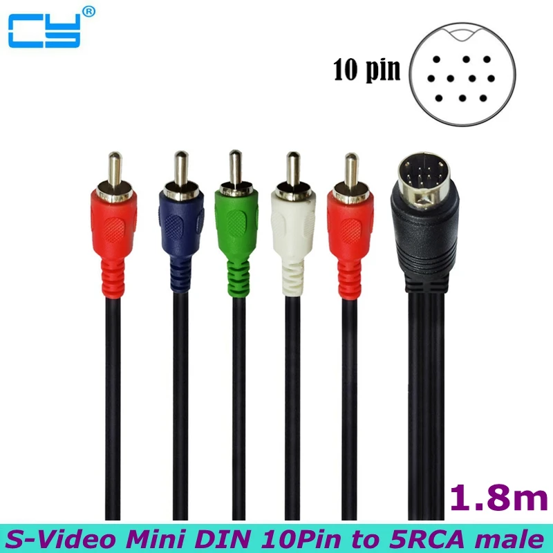 180 cm S-Video10pin DIN TO 5RCA Video kábel 5AV Component Line, používaný pre televízne prijímače, televízory, monitory, projektory